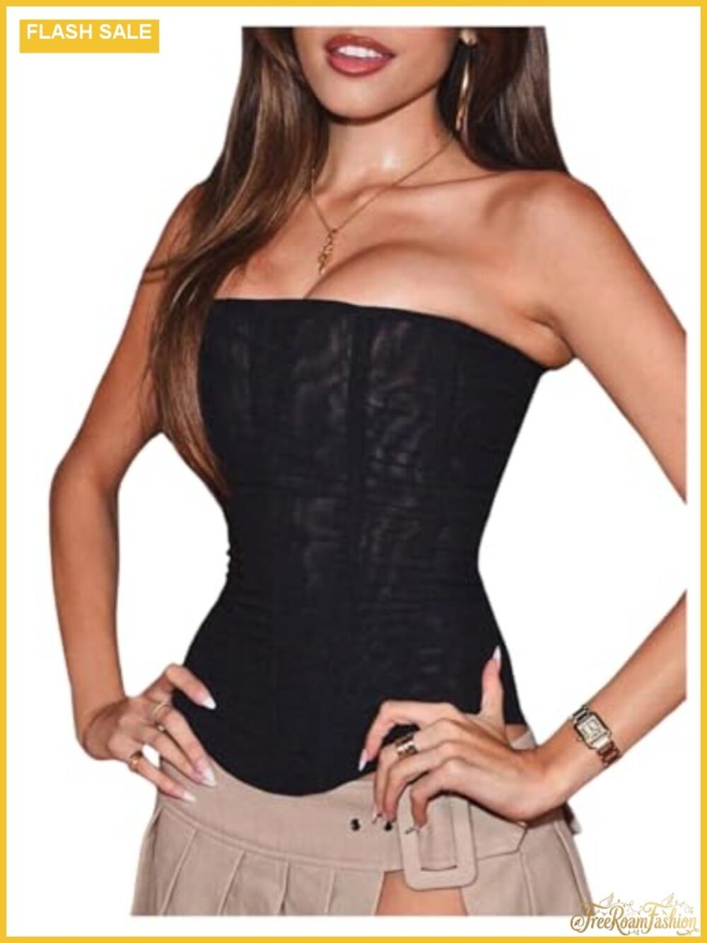 Corset Top Mesh Strapless Boned Overbust Bustier for Women